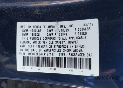 2017 Honda Accord Lx from USA, damaged, VIN 1HGCR2F34HA187167